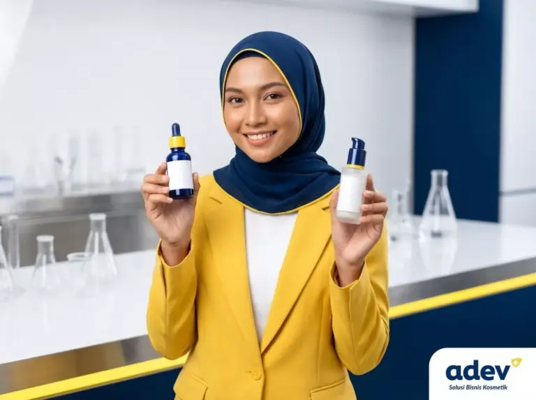 Perempuan influencer berhijab memegang dua botol serum hasil request formulasi unik maklon di laboratorium ADEV