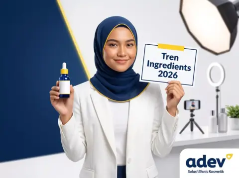 Content creator berhijab memegang serum dan label Tren Ingredients 2026 di studio konten modern