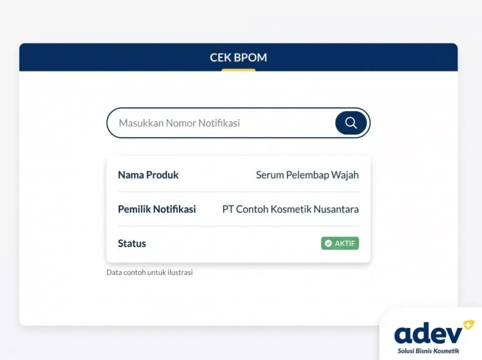 Tampilan halaman Cek BPOM, hasil pencarian 1 nomor notifikasi kosmetik dengan pemilik notifikasi dan status aktif