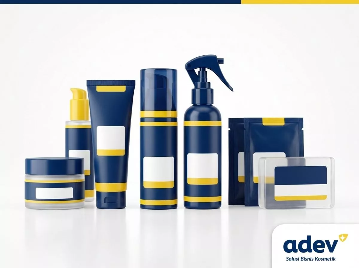 Koleksi kemasan produk maklon kosmetik Bandung ADEV berupa pot, tube, botol pump, dan sachet siap kustom
