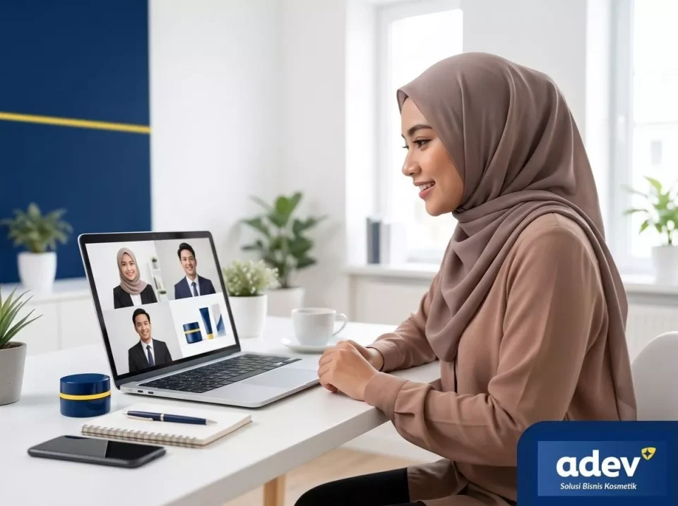 Founder atau pengusaha berhijab di Surabaya video call dengan tim maklon kosmetik Surabaya ADEV untuk konsultasi jarak jauh