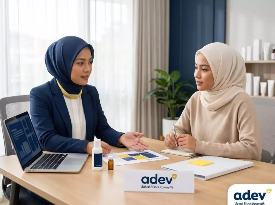Business Consultant ADEV berdiskusi positioning produk dengan klien selebgram berhijab, meja mockup produk dan laptop