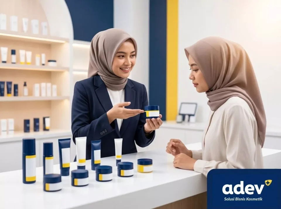 Konsultan perempuan berhijab menjelaskan sampel produk maklon kosmetik Bandung ADEV kepada klien di showroom Bogor
