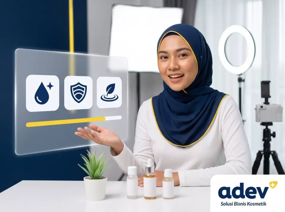 Content creator berhijab membahas bahan aktif tren ingredients skincare di panel kaca studio kontennya.