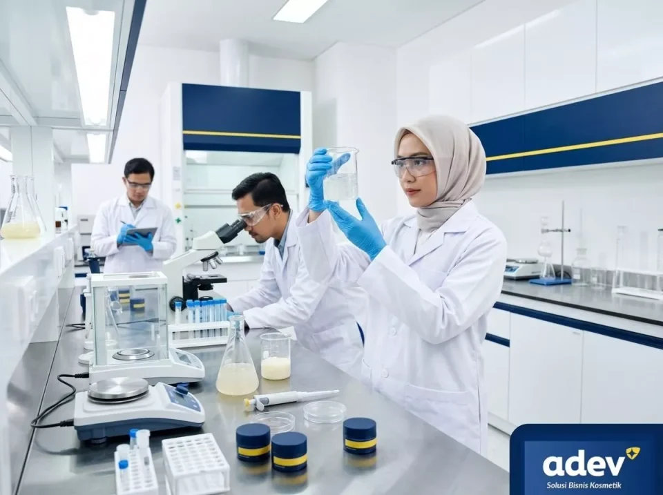 Tim peneliti laboratorium R&D pabrik maklon kosmetik Surabaya ADEV menguji formula produk kosmetik di Bogor