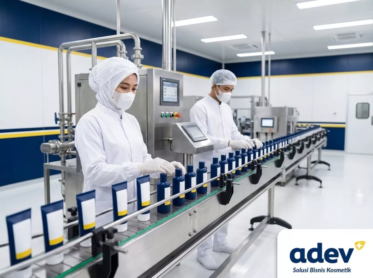 Operator ber-APD memantau mesin filling di lini produksi pabrik maklon kosmetik Jakarta ADEV di Bogor