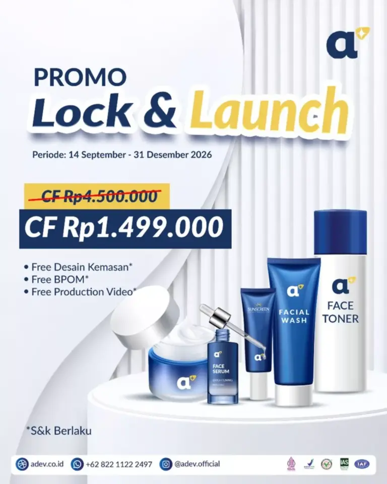 Poster promo maklon kosmetik Lock & Launch 2026 Adev periode 14 September-31 Desember 2026 dengan Commitment Fee Rp1.499.000