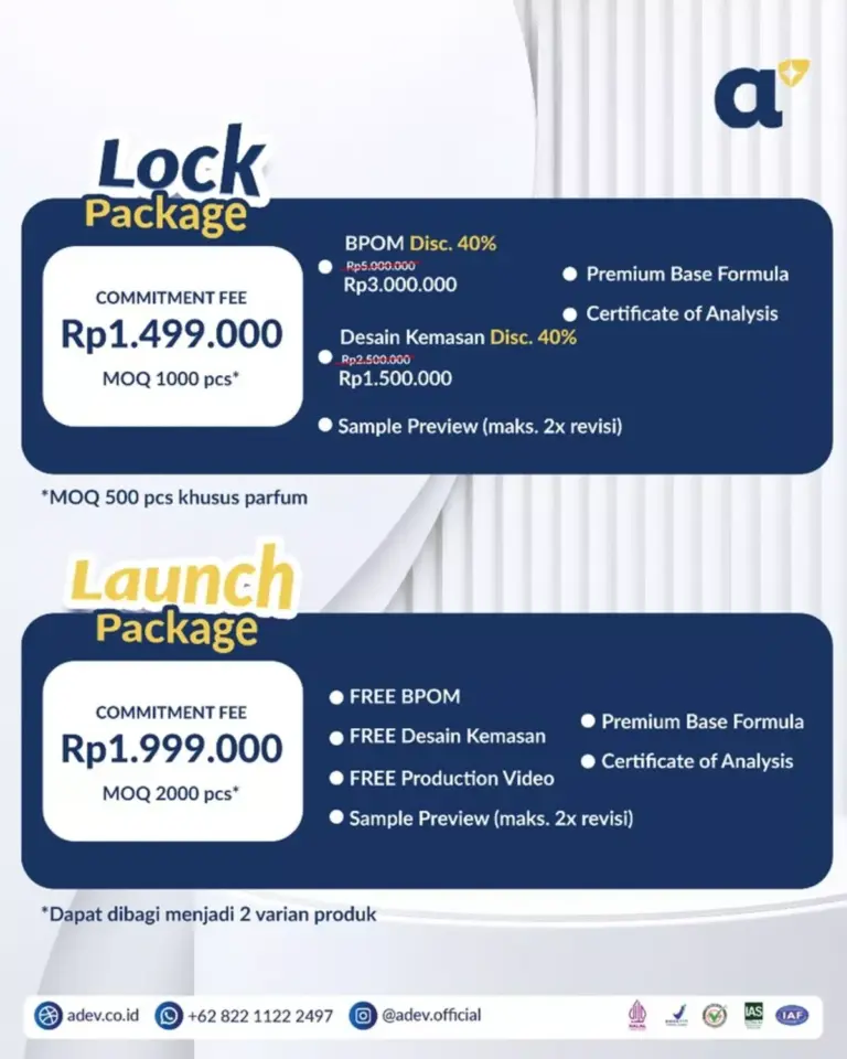 Tabel perbandingan paket Lock Package dan Launch Package promo maklon kosmetik Lock & Launch 2026 dengan MOQ 1.000 pcs dan 2.000 pcs
