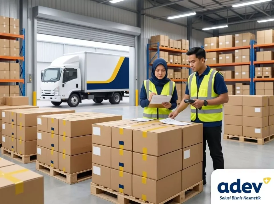 Tim logistik memeriksa dokumen pengiriman produk maklon kosmetik Jakarta di gudang ADEV Bogor, truk siap berangkat
