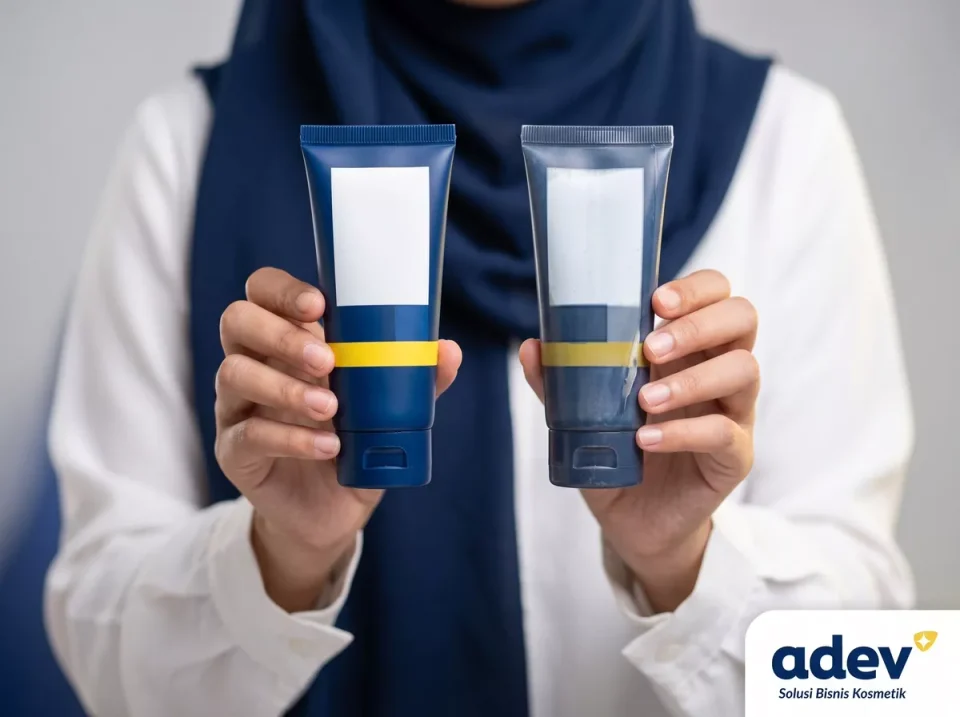 Tangan perempuan berhijab membandingkan cetakan kemasan camera ready produk kosmetik tajam dan pudar