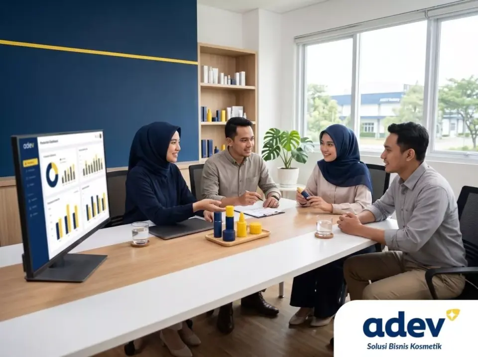 Ruang konsultasi pabrik maklon kosmetik Jakarta di Bogor, tim konsultan ADEV mendampingi klien membahas data produksi