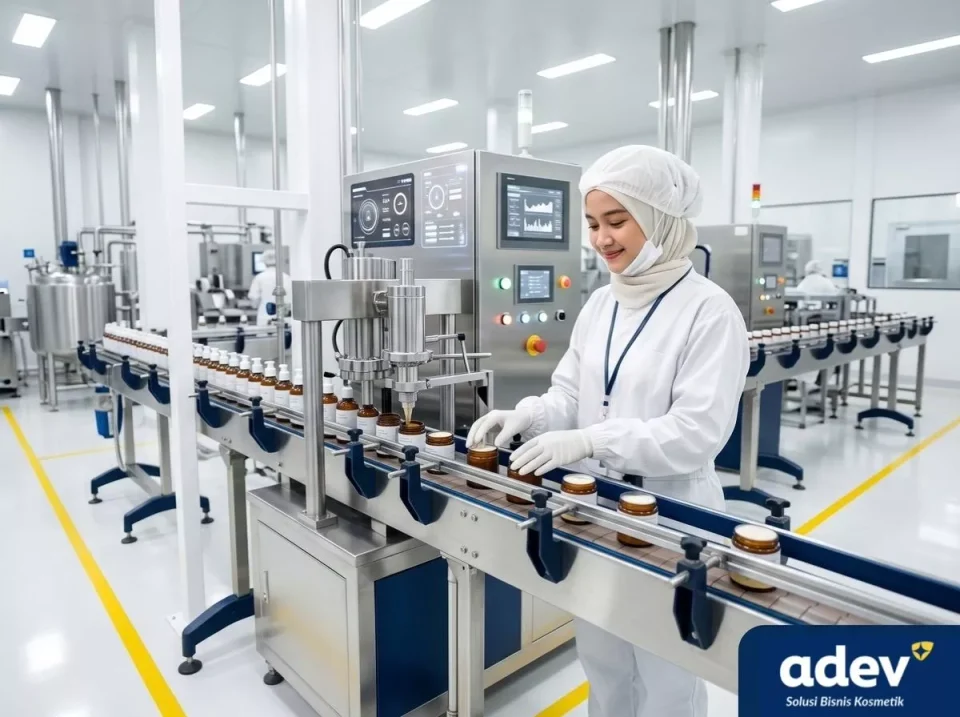 Operator berhijab dalam pakaian steril CPKB di ruang produksi pabrik maklon kosmetik Bandung ADEV di Bogor