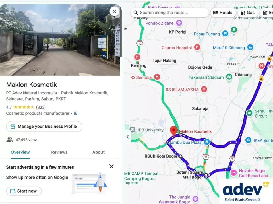 Rute perjalanan dari Jakarta ke pabrik maklon kosmetik Jakarta ADEV di Bogor via Tol Jagorawi dan Tol BORR