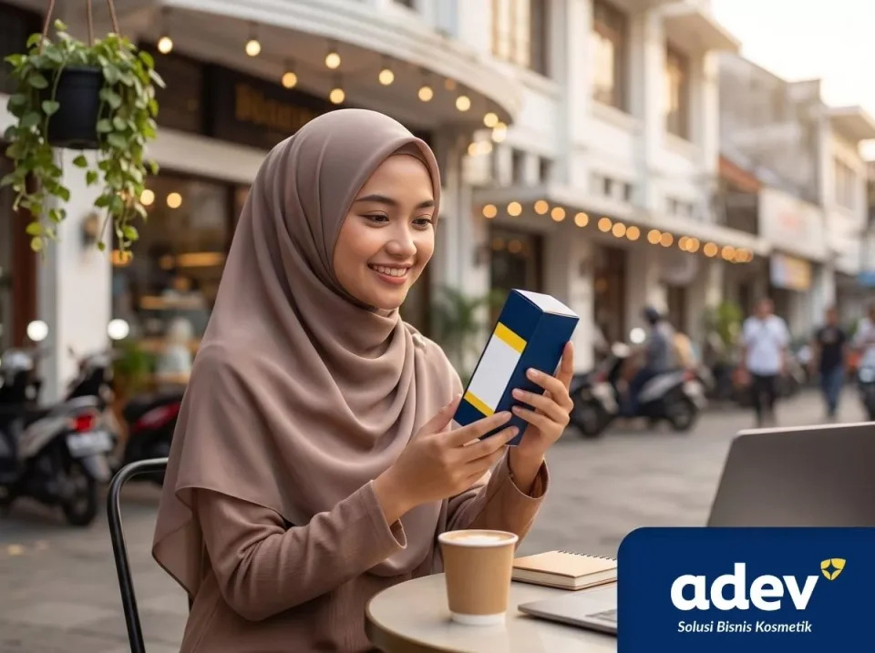 Suasana kreatif kafe di Braga Bandung, perempuan berhijab memegang kemasan kosmetik dari maklon kosmetik Bandung ADEV