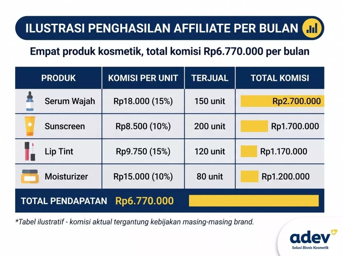Bar chart ilustrasi penghasilan affiliate per bulan, pembanding keuntungan affiliate vs owner brand kosmetik Rp6,77 juta