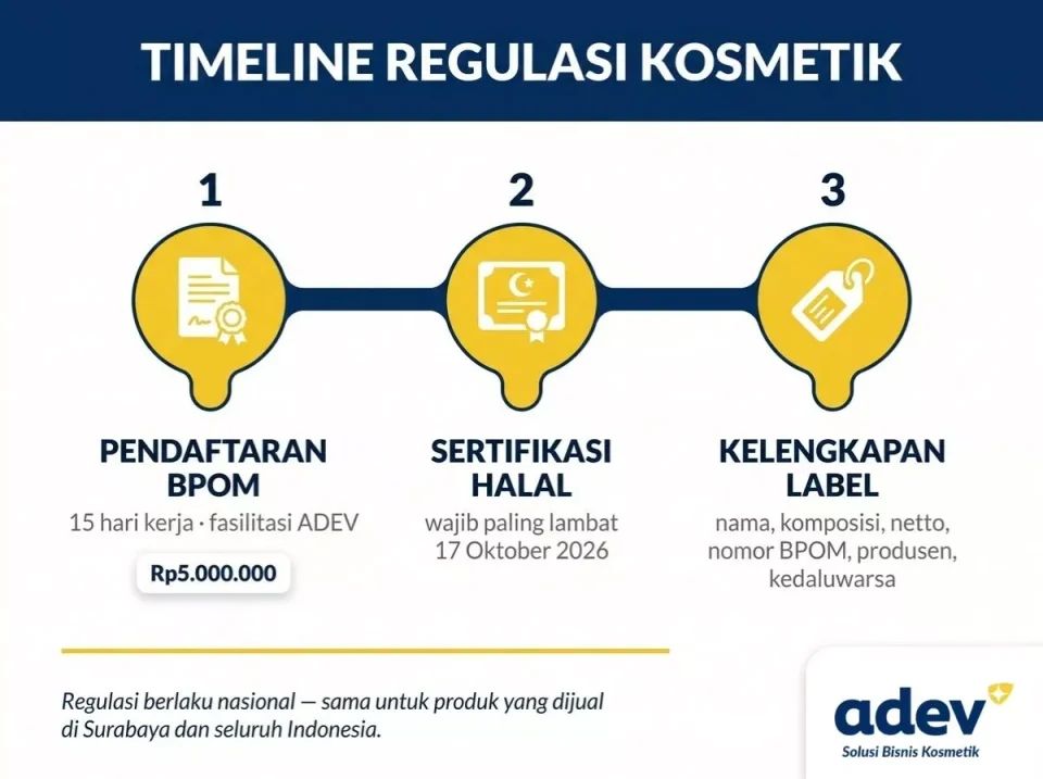 Infografik timeline regulasi produk maklon kosmetik Surabaya: pendaftaran BPOM, sertifikasi halal, hingga label